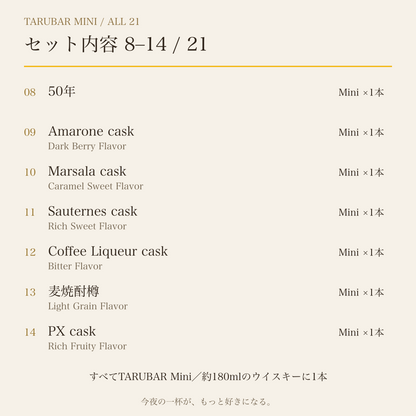 Mini21種セット内容詳細2：50年、Amarone cask、Marsala cask、Sauternes cask、Coffee Liqueur cask、麦焼酎樽、PX cask。各1本。