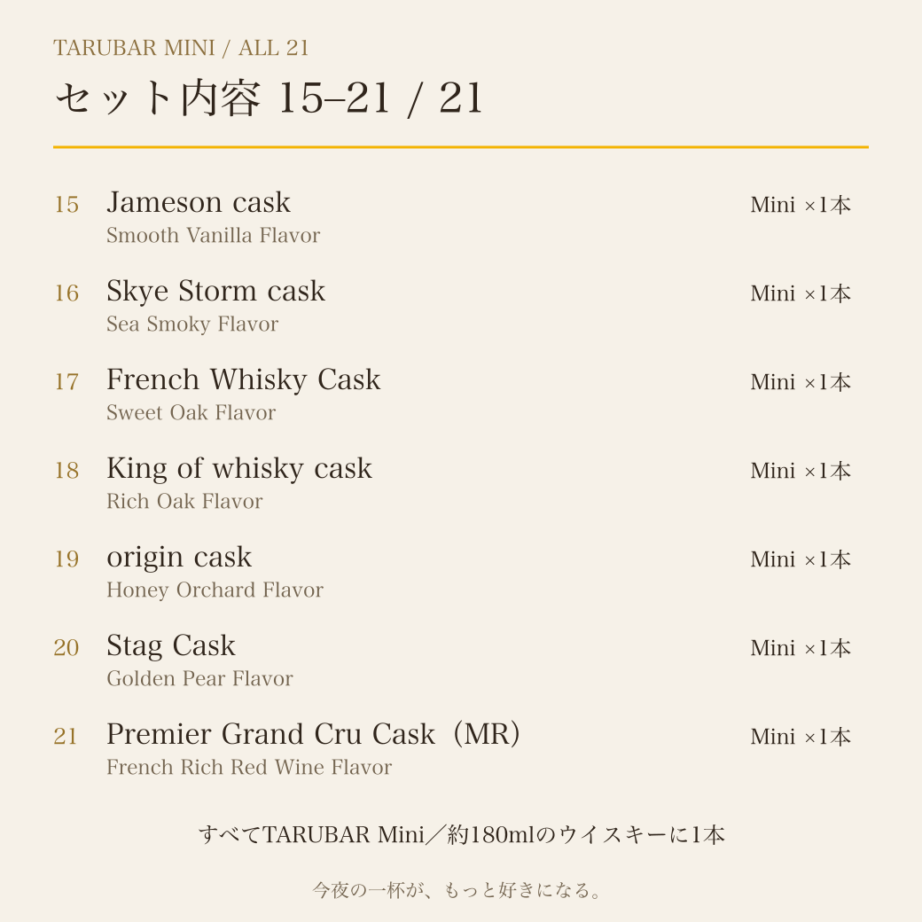 Mini21種セット内容詳細3：Jameson cask、Skye Storm cask、French Whisky Cask、King of whisky cask、origin cask、Stag Cask、Premier Grand Cru Cask（MR）。各1本。