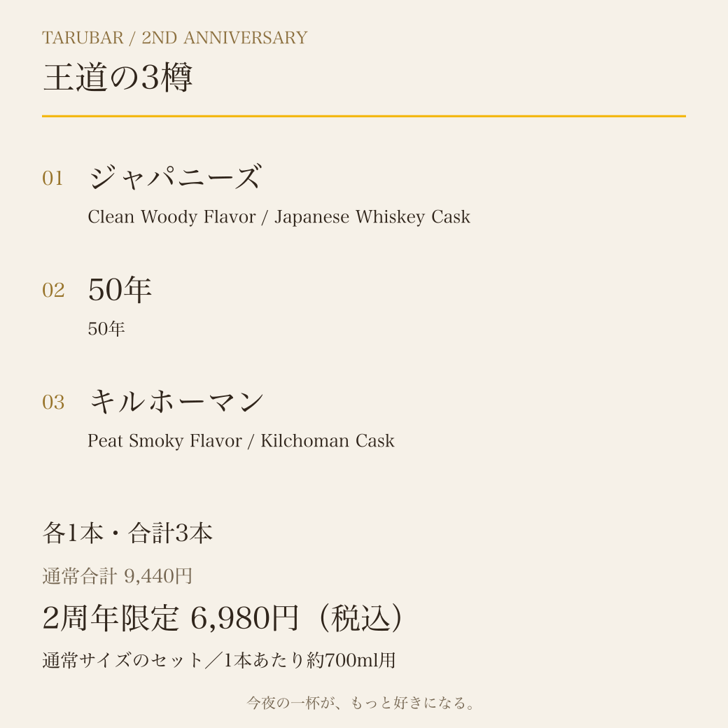 王道の3樽の内容：ジャパニーズ／50年／キルホーマン。各1本。2周年限定6,980円、通常合計9,440円。