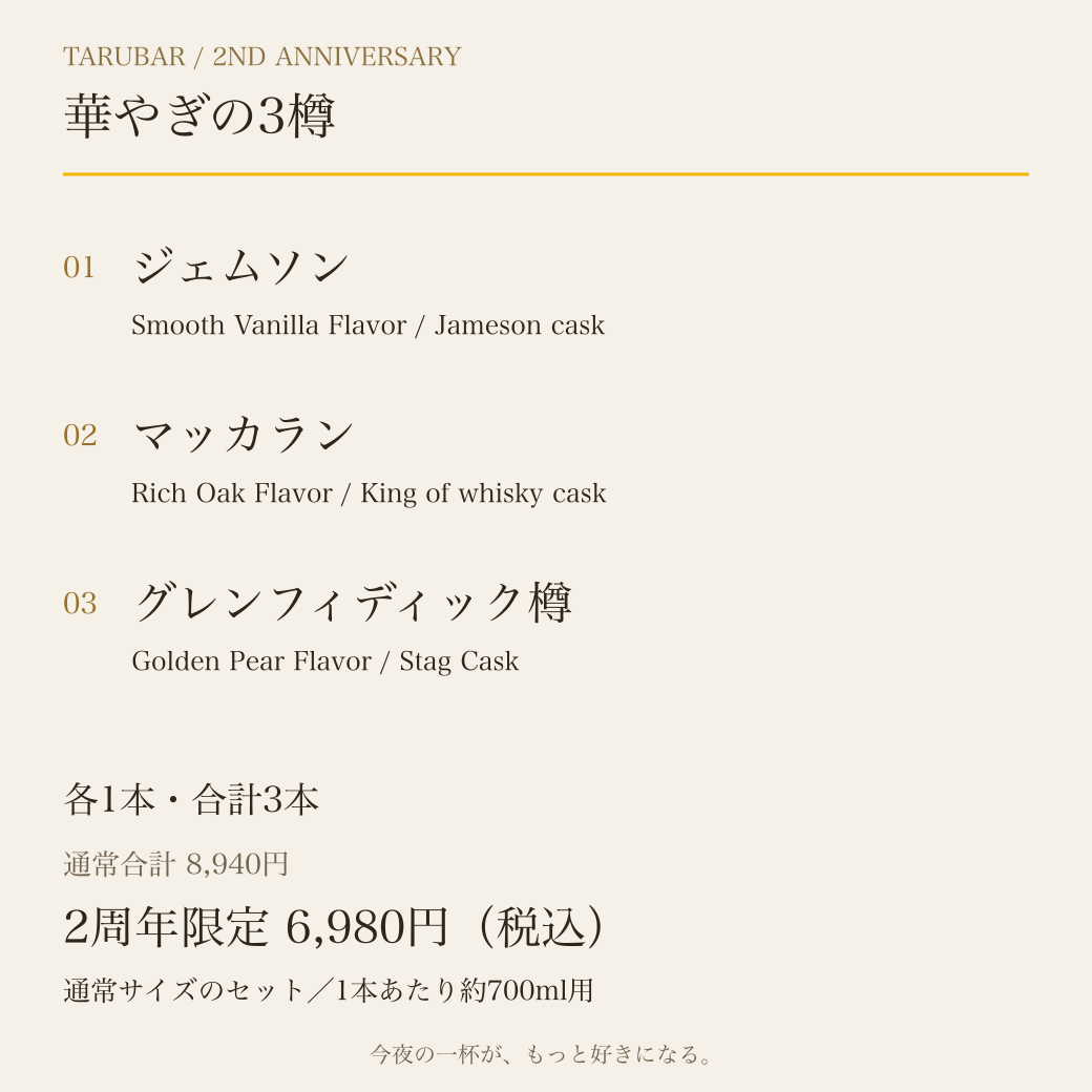 華やぎの3樽の内容：ジェムソン／マッカラン／グレンフィディック樽。各1本。2周年限定6,980円、通常合計8,940円。