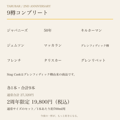 9樽コンプリートの内容：王道の3樽 ＋ 華やぎの3樽 ＋ 個性の3樽。各1本。2周年限定19,800円、通常合計27,320円。