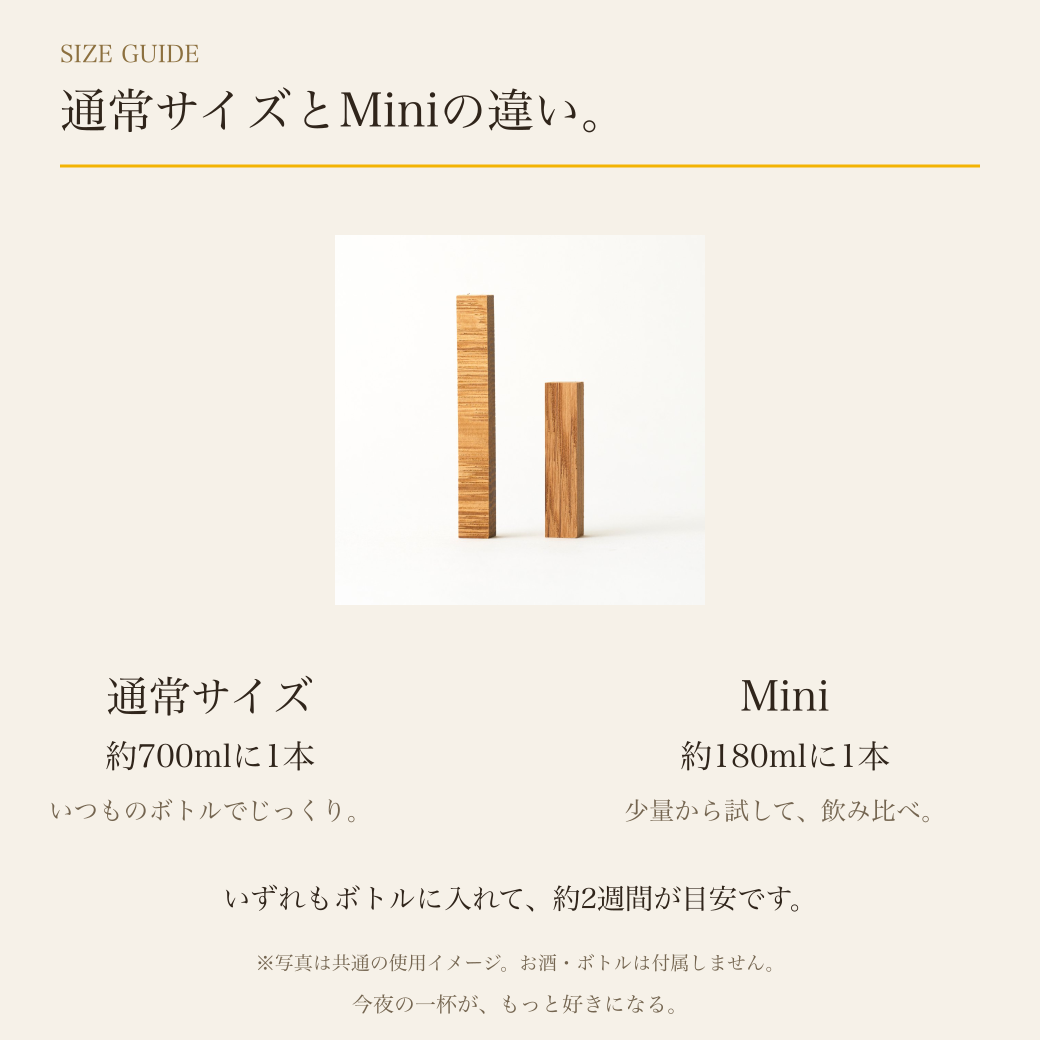 通常サイズ約700ml用とMini約180ml用の比較。既存スティックの実写真。どちらもボトルで約2週間が目安。